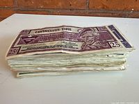 Side view of entire stack of Canadian Tire Money notes