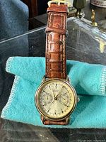 Full watch view showing watch face, leather watchband, and general style.