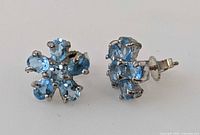 Front and side view of two blue flower stud earrings with six blue faceted stones each, silver-tone metal setting, and push-back posts.