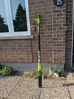 Full view of green Sun Joe mini chainsaw with long handle, standing against a brick wall outdoors.