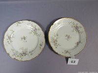 Two white Limoges porcelain salad plates with purple floral pattern and gold trim on scalloped edges, placed side by side on a gray surface.