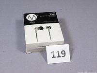 White retail box of Mies e300 earbuds with microphone, showing product images and branding.