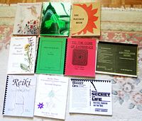 Top view of 10 Reiki and healing books arranged in two rows on a rug, showing titles and covers clearly.