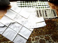 Photo showing all items spread out (tablecloth, serviettes, two runners, and four placemats) on area rug.