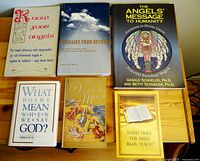 Six books arranged on wooden surface showing front covers, titles and authors visible, representing angelic and biblical themes.