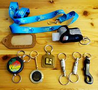 All 9 assorted keychains arranged on wooden surface for clear view