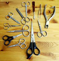 Top-down photo of all tools on wooden surface showing 9 pairs of scissors in different sizes and types along with clippers, tweezers and cuticle pusher