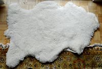 Full view of a white sheepskin hide laid flat on a wooden floor, showing natural shape and texture of the fur.
