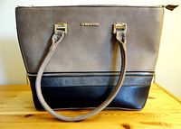 Front view of large Gallantry purse showing taupe and black two-tone design with gold hardware and logo.