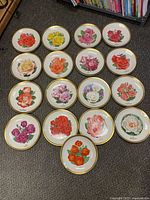 Top view of 17 porcelain plates with various colorful rose designs and gold trim arranged in rows on the floor.