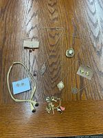 Full view of all 5 necklaces, 3 earrings, 1 bracelet with themed charms, and pendant locket spread on wood floor.