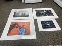Four matte framed photographs laid out on carpet: includes two black and white western themed photos, one color photo of girl and horse, and one black and white close-up photo.