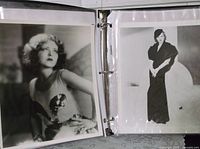 Photo of binder showing two black and white Hollywood actress photos in protective sleeves, one portrait and one full-body pose