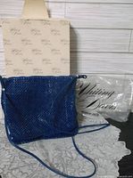 Royal blue mesh purse sitting in front of original Whiting and Davis box and branded plastic protective bag.