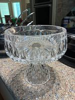 Side view of the clear crystal candy bowl showing cut glass patterns and pedestal base on countertop.