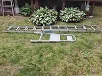 Both ladders laid on grass: a long 22-foot extension ladder and a short metal step ladder.