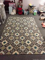 Photo showing entire rug laid flat on floor with surrounding room context including storage bins and shelving units.