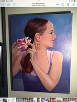 Full view of the painting showing a woman holding pink flowers, signed by the artist.