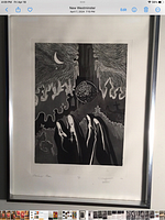 Full front view of framed etching showing black and white image of four nuns in graveyard under crescent moon with signature and handwritten edition details beneath.