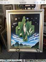 Full front view of framed surrealist oil painting featuring melting clock and abstract forms in cosmic background