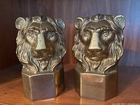 Front view of the bronze lion head bookends side by side, showing the detailed facial features and mane with hexagonal bases.