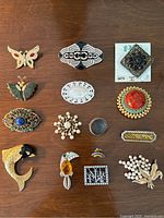 Full view of all thirteen brooches arranged on a wooden surface, showing various designs and styles.