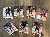 Seven hockey cards arranged in two rows showing the front detailed side with images of players in various team uniforms, prominently featuring Dominik Hasek.