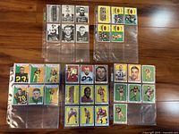 Top side of vintage CFL player cards mostly in color from late 1950s to 1960s, stored in clear plastic binder pages