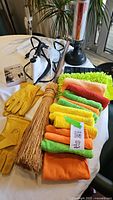 Photo showing Euro Steam iron, vintage broom, multiple colorful microfiber cloths and yellow gloves, laid out on table.