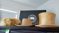 Three hats displayed on a wooden surface against a wall; includes cream-colored tall top hat, tan cowboy hat, and light brown fur hat.