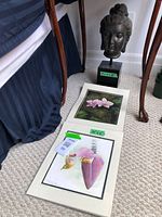 Overview of two matted prints on floor with Buddha head sculpture behind