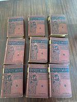 Nine hardcover books with uniform brown covers showing the front designs stating 'Dickens Works Illustrated'.
