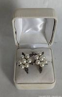 Photo shows pearl cluster earrings inside a white cushioned jewelry box, highlighting the overall floral design and arrangement of pearls and leaves.