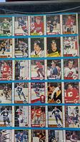Collector sheet showing multiple NHL hockey trading cards, featuring players in various team uniforms including Calgary Flames, Toronto Maple Leafs, New Jersey Devils, and others.