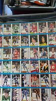 Photo of one sheet of hockey trading cards arranged in a grid, showing multiple player images and team logos.