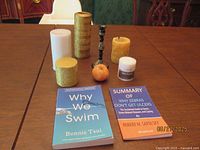 Group shot showing all candles, candle stand and two books on table