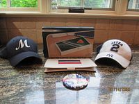 All items group shot: two caps, Desktop Pool box, medal case, LBJ pin