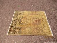 Full view of tan/beige oriental floor mat on ground