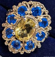 Close-up front angle of the sterling silver ring showing the yellow central gemstone surrounded by blue gemstones and detailed silver filigree metalwork.