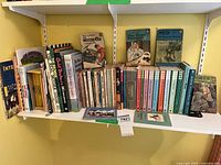 Bookshelves filled with a collection of classic and vintage children's books including titles 'The Magic Porridge Pot', 'Ned the Lonely Donkey', and 'Henry II and Thomas Becket'.