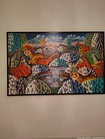 Full view of the large colorful painting showing wildlife scene with zebras, tiger, giraffe, and birds in stylized nature setting.