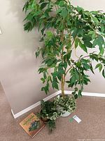 Photo showing two artificial plants including a large 72 inch tall tree and smaller leafy plants, along with the gardening book on the floor.