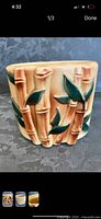 Front view of the ceramic pot planter with raised bamboo motif and green leaves on beige background.