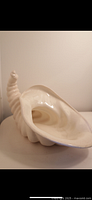Side angle view of a vintage ceramic bowl shaped like a shell showing the curved interior and spiral exterior detail in cream color.