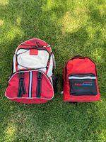 Two emergency survival backpacks placed on grass, clearly showing one with Ready America logo.
