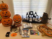 Overview of entire Halloween decoration and accessory lot, showing all included items on a table.
