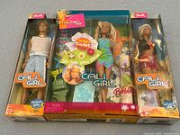 Set of three Mattel Cali Girl dolls, new in original unopened boxes from early 2000s, showing packaging and doll details.