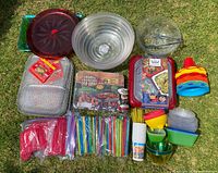 Full assortment of party supplies and kitchenware with disposable items, straws, bowls, trays, and utensils laid out on grass