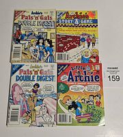 Front view of four Archie comic books arranged in a 2x2 grid: two Pals 'n Gals Double Digest issues, one Archie Story & Game, and one Little Archie Comics Digest Magazine.
