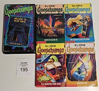 Front view of 4 Goosebumps books and VHS cassette movie with titles visible